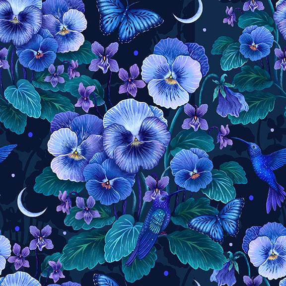 Jardin de Lune Glow 3824G-99 Black Pansy with Hummingbird by Episodic Drawings for Blank Quilting