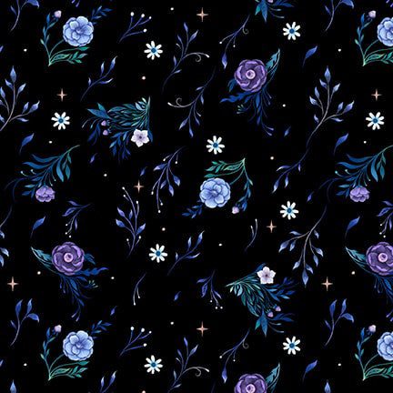 Jardin de Lune Glow 3825G-99 Black Tossed Small Floral by Episodic Drawings for Blank Quilting