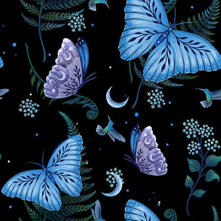 Jardin de Lune Glow 3827G-99 Black Butterflies by Episodic Drawings for Blank Quilting