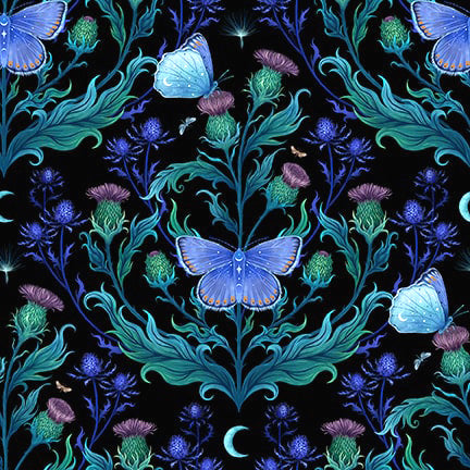 Jardin de Lune Glow 3828G-99 Black Butterflies with Greenery by Episodic Drawings for Blank Quilting