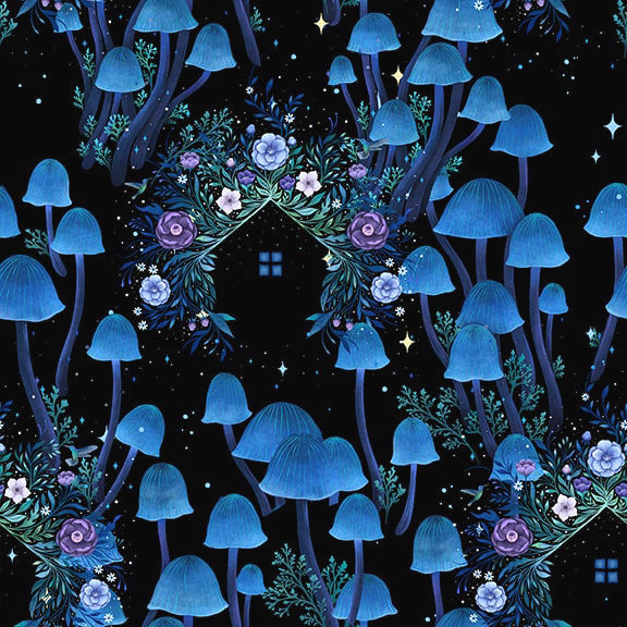 Jardin de Lune Glow 3829G-99 Black Mushrooms with Houses by Episodic Drawings for Blank Quilting