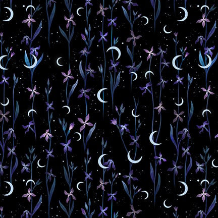 Jardin de Lune Glow 3830G-99 Black Crescent Moons with Flowers by Episodic Drawings for Blank Quilting