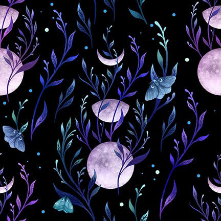 Jardin de Lune Glow 3831G-99 Black Butterflies with Thistle Flowers by Episodic Drawings for Blank Quilting