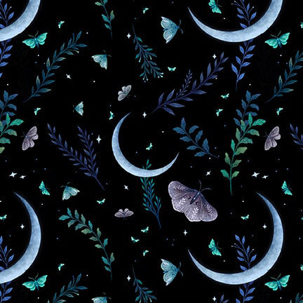 Jardin de Lune Glow 3832G-99 Black Crescent Moons with Butterflies by Episodic Drawings for Blank Quilting