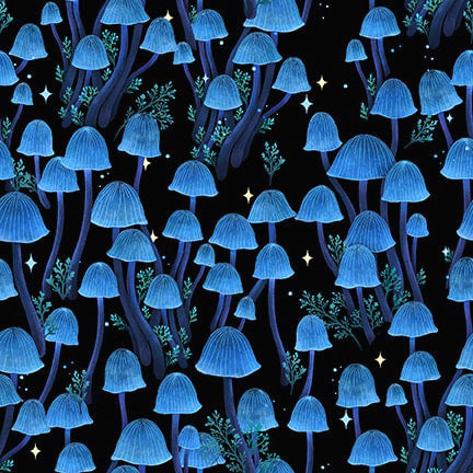 Jardin de Lune Glow 3833G-99 Black Mushrooms by Episodic Drawings for Blank Quilting