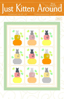 Quilt pattern cover titled 'Just Kitten Around' with cat illustrations on a white background.