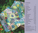 A printed contents page from Kaffe Fassett's Quilts at an English Manor House showing a colorful patchwork quilt laid over green foliage on the left, with a lavender table of contents on the right. The quilt features many bright colors including blue, yellow, green, pink, and purple in circular and floral motifs.