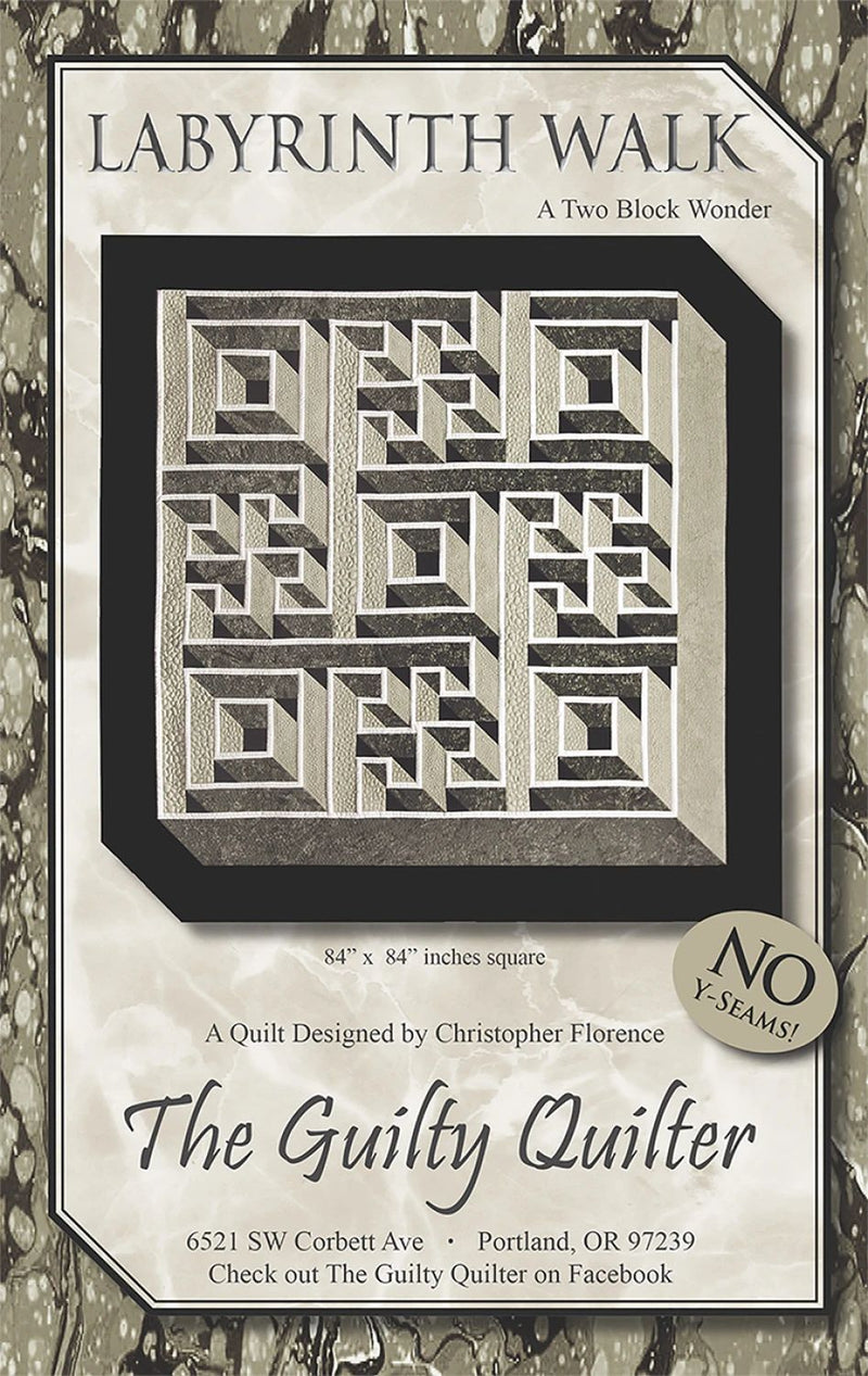Quilt pattern cover for 'Labyrinth Walk' by The Guilty Quilter with quilt design and contact information.