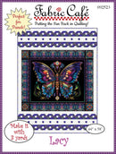 Fabric Cafe pattern cover for "Lacy" with a colorful butterfly design and border.