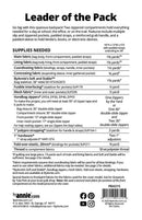 A black-and-white pattern back cover sheet titled 'Leader of the Pack' with a large block of fine print detailing supplies and measurements. The sheet includes a barcode at the bottom right and social media icons near the bottom center.