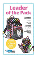 Backpack with polka dot design and wolf emblem on a pattern cover for 'Leader of the Pack' from by annie.com.