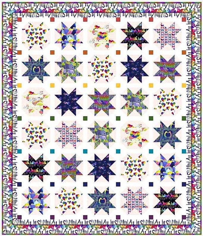 Let Love Shine Free PDF Quilt Pattern shows stars on white background.