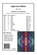 Back pattern cover for 'Light from Within' quilt pattern showing yardage, fabric descriptions, a list of materials, and a color sample grid. The card is mostly white with black text.