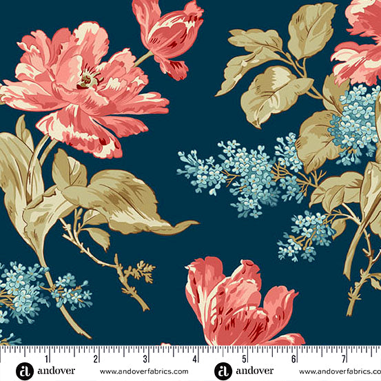 Lighthouse A-1472-B Navy Front Porch Bouquet by Edyta Sitar for Andover Fabrics