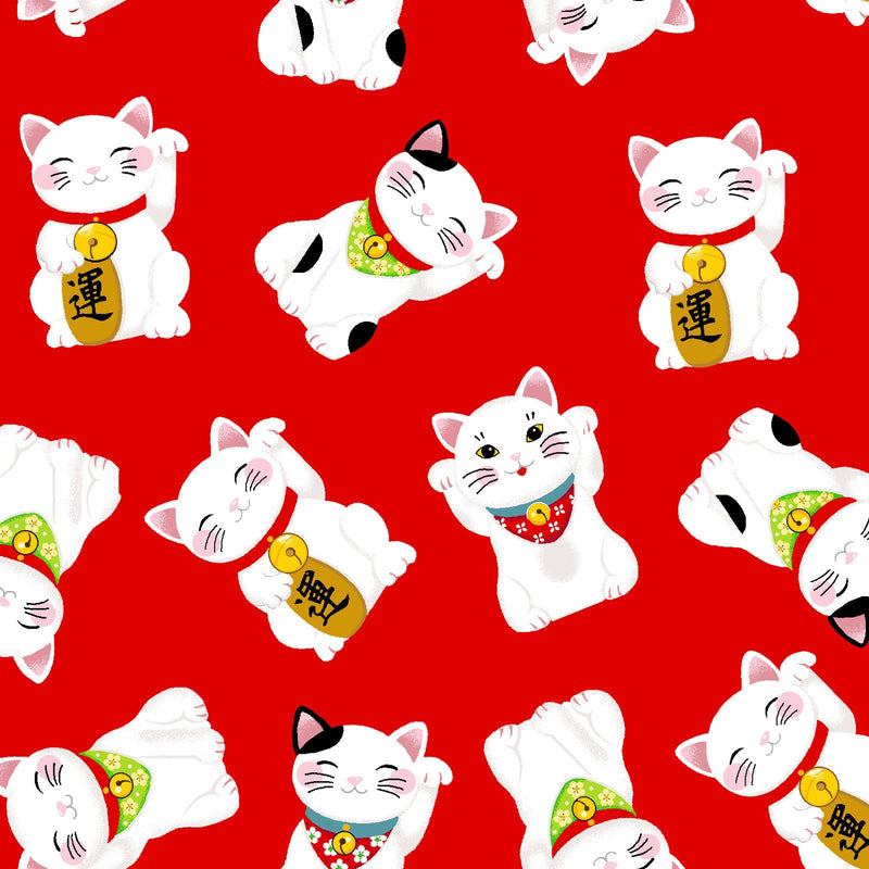 Lollie Snacks FLLS-D192-R Lucky Cat Red - Fat Quarter