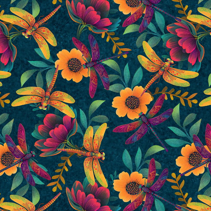 Luminous Haven B-4453-76 Ocean Blue Dragonflies and Flowers by Jk Stewart Collection for Blank Quilting.