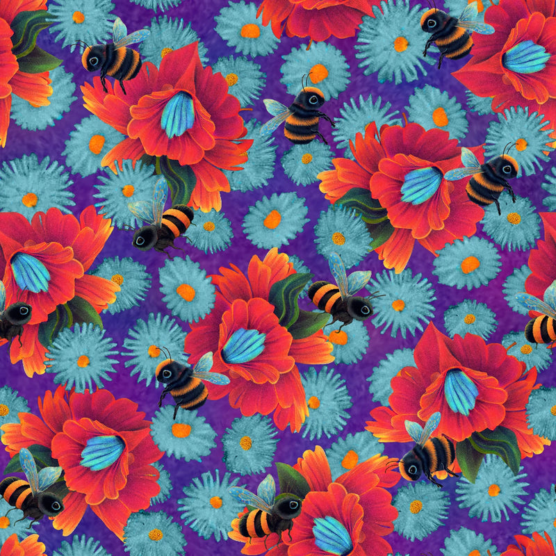 Luminous Haven B-4456-55 Purple Bumble Bees by Jk Stewart Collection for Blank Quilting.