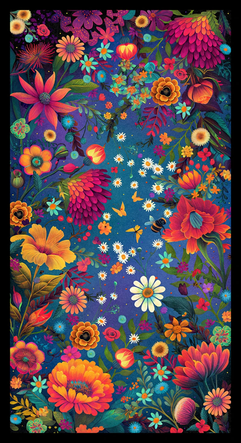 Luminous Haven Panel B-4463B-77 Dark Blue Panel with Flowers and Bugs by Jk Stewart Collection for Blank Quilting.
