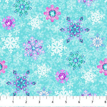 Merry and Bright 26971-64 Snowflakes Turquoise Multi by Michel Zindell Designs for Northcott