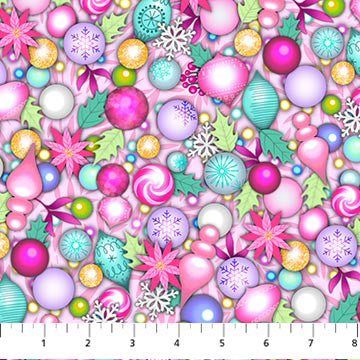 Merry and Bright DP26970-21 Baubles Pink Multi by Michael Zindell Designs for Northcott