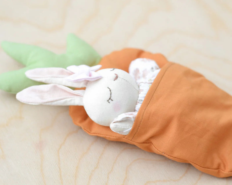Mini Jeanne Bunny Doll asleep in bed