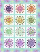 Mini Menagerie Free PDF Quilt Pattern with colorful starburst patterns on a teal background.