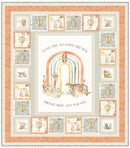 Mini Menagerie panel baby quilt with rainbow design and animal illustrations on a white background.