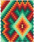 Moonlight Tumble shows geometric patterned quilt with triangles in red, green, and orange.