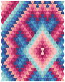 Moonlight Tumble shows colorful geometric quilt with pink and blue triangles