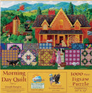 Morning Day Quilt Jigsaw puzzle box featuring a colorful scene with a house, barn, and people working on quilts.