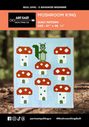 Mushroom-themed Mushroom King quilt pattern with a squirrel on a blue background, featuring Art East Quilting Co branding.