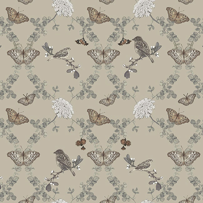 Nature's Whisper 3527-90 Gray Birds, Butterflies and Flowers by Carissa Bordeleau for Blank Quilting