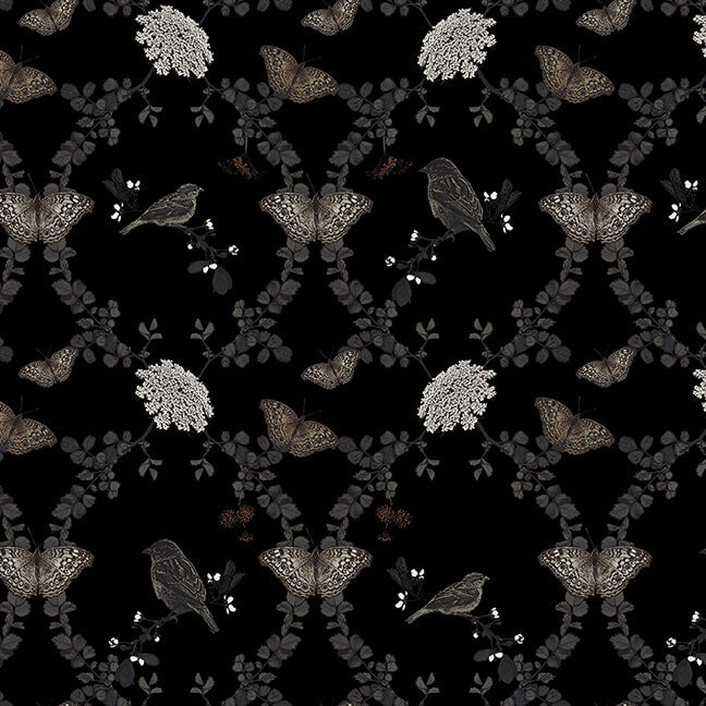 Nature's Whisper 3527-99 Black Birds, Butterflies and Flowers by Carissa Bordeleau for Blank Quilting