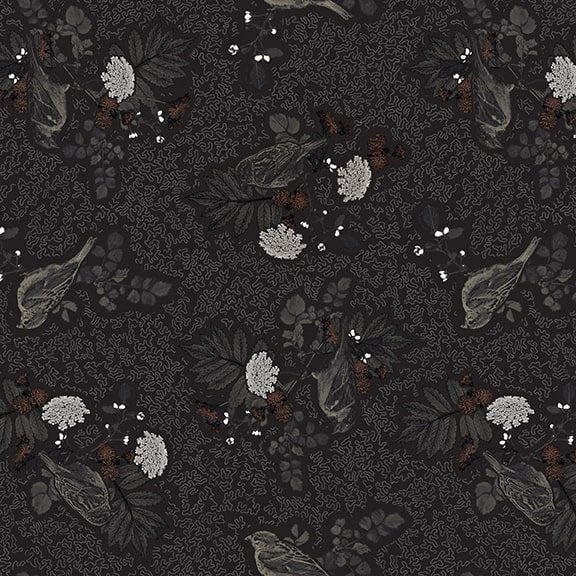 Nature's Whisper 3529-99 Black Birds with Flowers and Leaves by Carissa Bordeleau for Blank Quilting