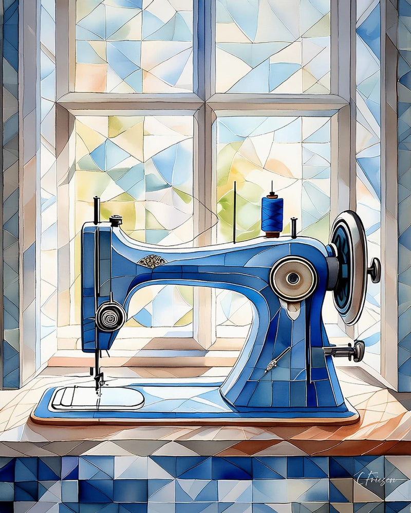 Note Card - Miss August Machine Pageant Collection shows blue sewing machine in front of window