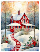 Note Card -  Patchwork Cottage Home for the Holidays Collection features a colorful winter scene with a red house, snow-covered landscape, and festive elements.