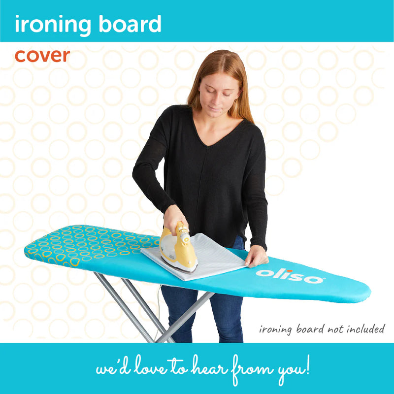 ironing board cover - turquoise showing woman ironing on cover