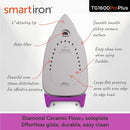 Oliso Pro Plus Smart Iron Orchid with features sitting on heel on white background