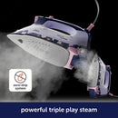 Oliso Pro Plus Smart Iron Yaya Han steam iron with floral design on a black background, featuring a 'zero-drip system' icon.