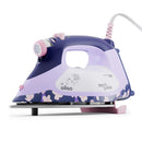 Oliso Pro Plus Smart Iron Yaya Han iron is purple and white iron with floral design on a white background