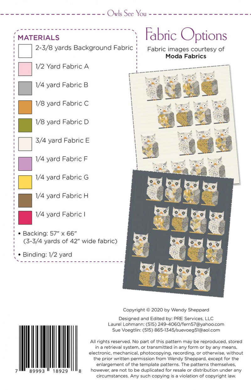 Owls See You Quilt Pattern Wendy Sheppard  Picture of Back of Pattern WS26