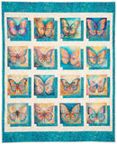 Quilt with colorful butterfly patterns on a blue and white background from Panel Perfect 3-Yard Quilts.