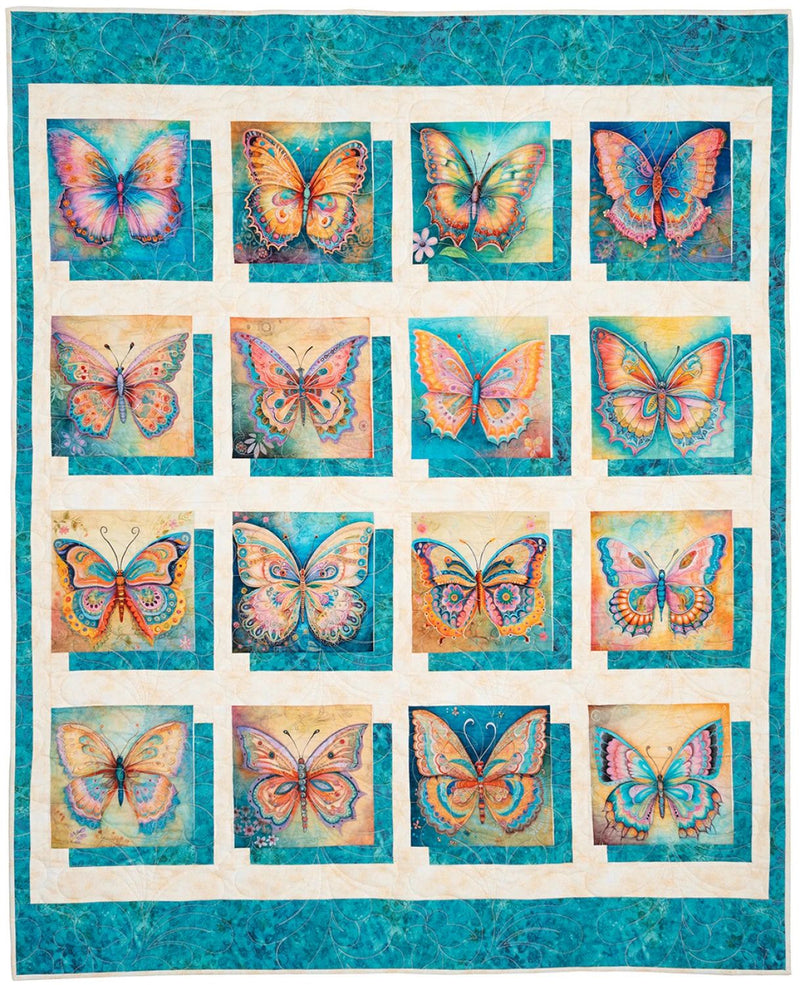 Quilt with colorful butterfly patterns on a blue and white background from Panel Perfect 3-Yard Quilts.