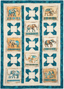 Quilt with elephant patterns and blue geometric designs from Panel Perfect 3-Yard Quilts.