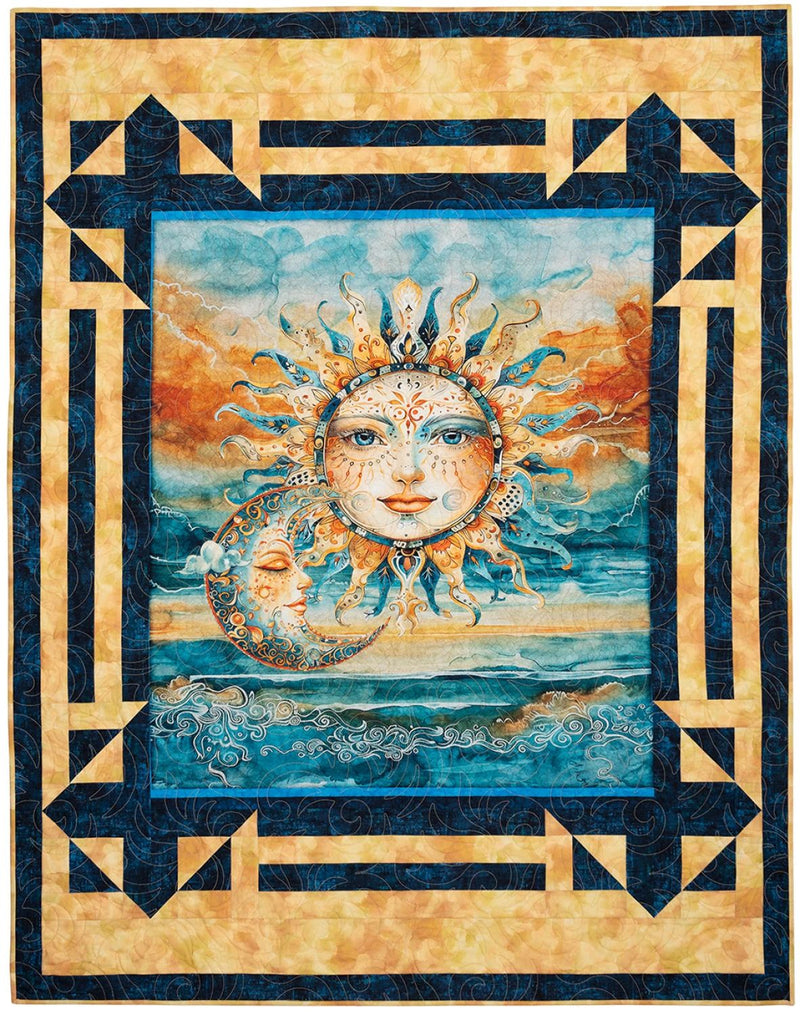 Decorative quilt with a sun and moon design in a geometric frame from Panel Perfect 3-Yard Quilts.