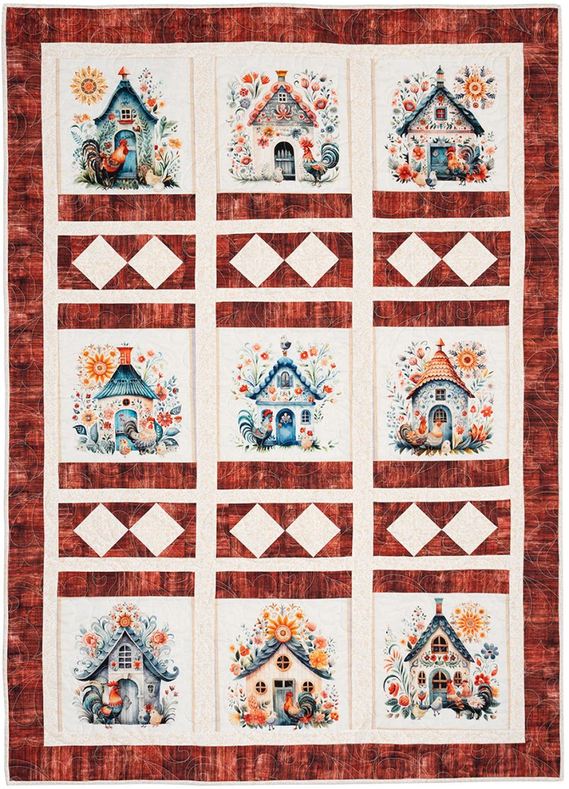 Quilt with decorative houses and roosters on a red and brown  background from Panel Perfect 3-Yard Quilts.