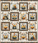 A square quilt pattern  from Panel Pizzazz 3-Yard Quilts featuring a 4x4 grid of autumn-themed panels with pumpkins, gourds, and floral motifs, surrounded by a decorative border. The design uses a warm palette of orange, beige, brown, and cream.