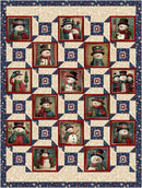 A square quilt pattern from Panel Pizzazz 3-Yard Quilts featuring a grid of snowman portraits framed in red, set against a cream and navy blue star-spangled geometric background.