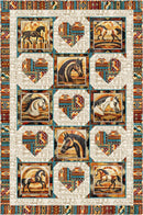 A quilt from Panel Pizzazz 3-Yard Quilts featuring a Southwestern geometric border and a central grid of horse portraits framed by heart-shaped blocks. The horses are depicted in warm earth tones, and the surrounding fabric has a cream base with red, blue, and brown patterned accents.