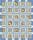 A quilt from Panel Pizzazz 3-Yard Quilts featuring a grid of blue and cream checkered squares, each containing floral tile motifs and alternating panels with clusters of oranges and white blossoms.